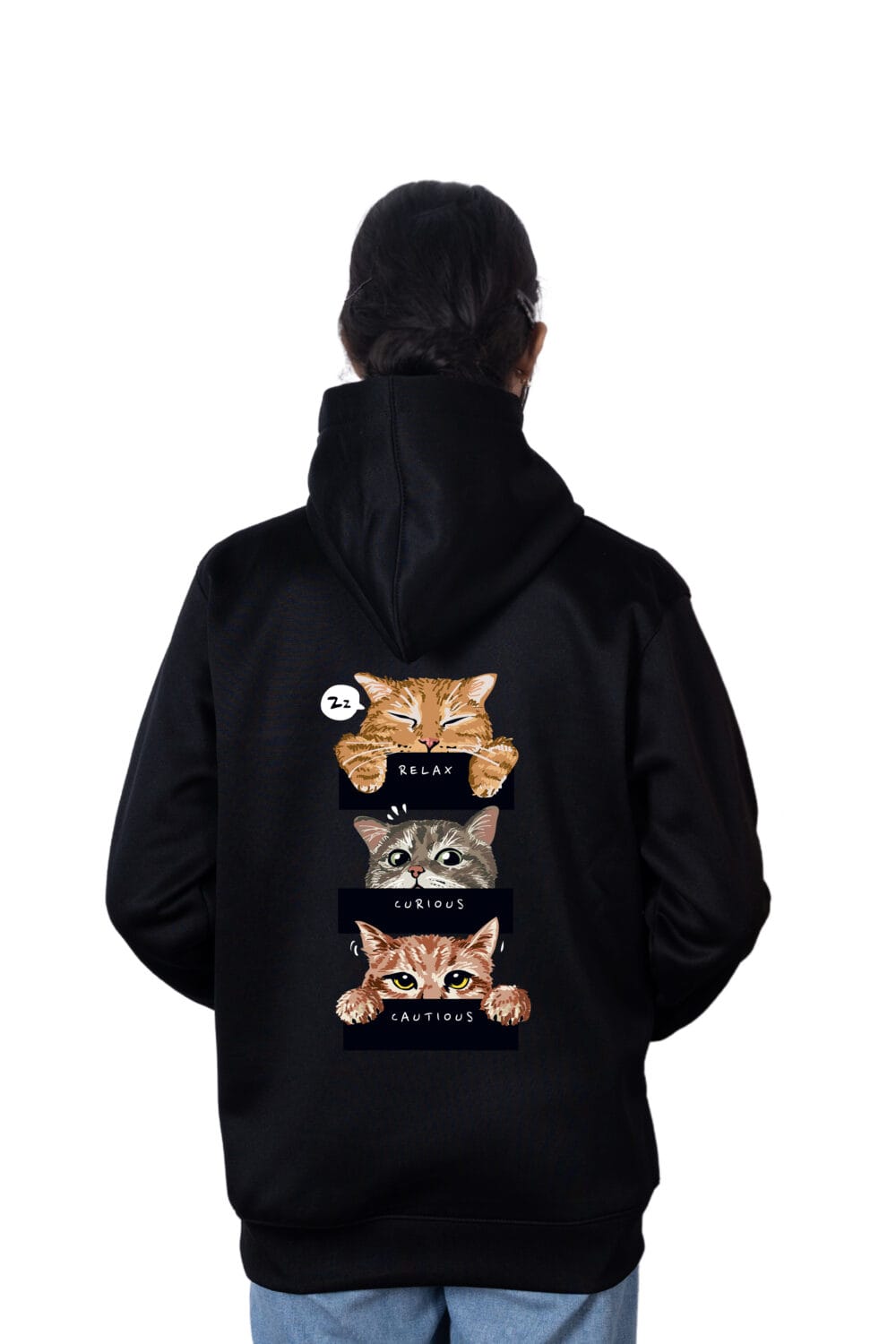 Three Cats - Relax, Curious, Cautious Printed Hoodie - Image 4