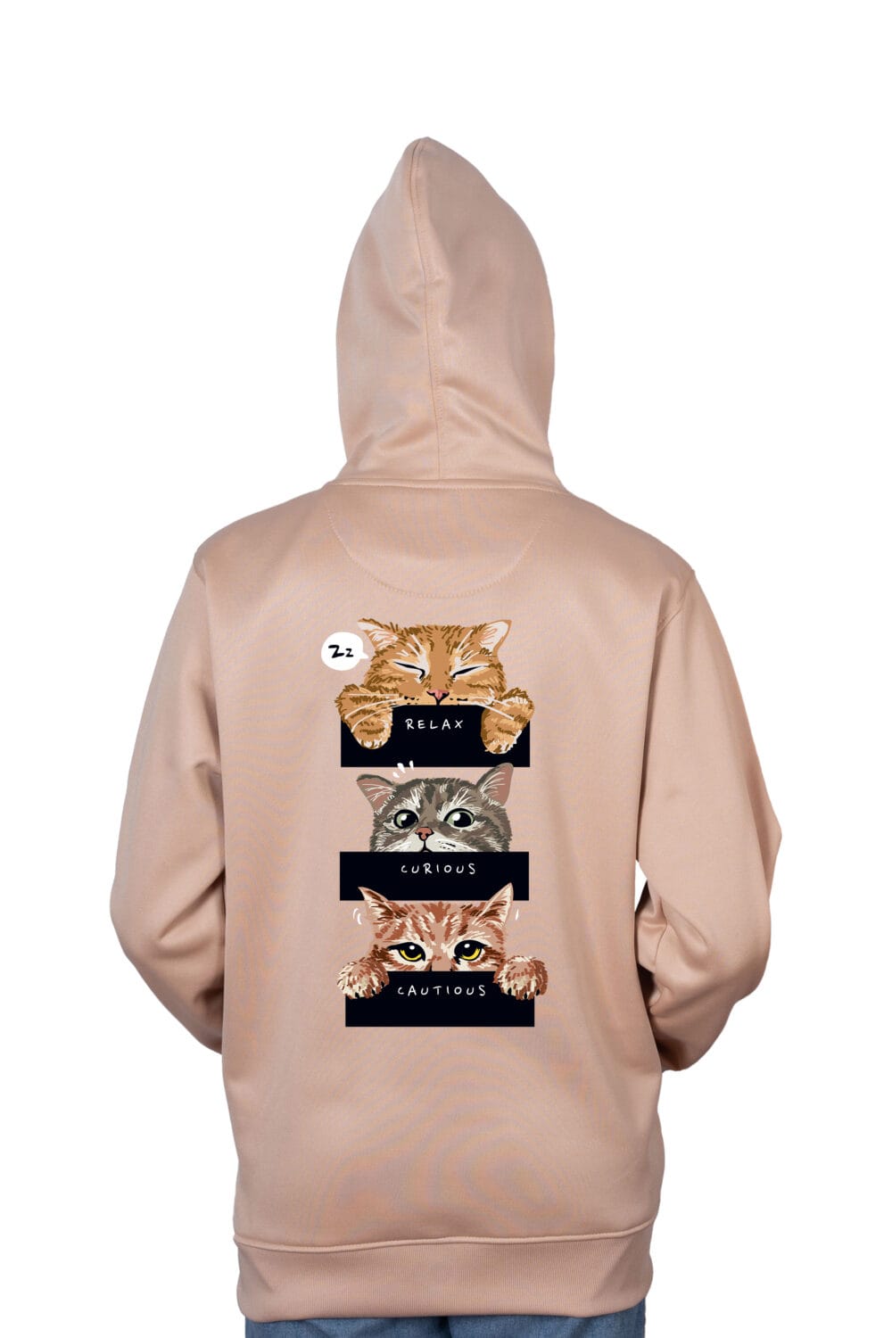Three Cats - Relax, Curious, Cautious Printed Hoodie
