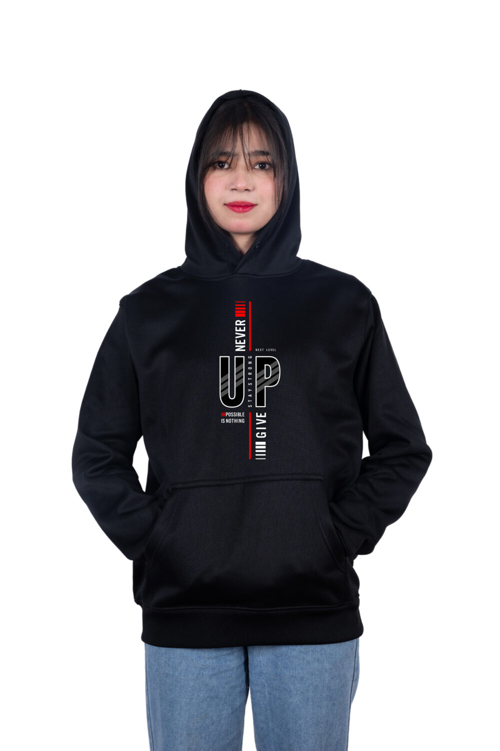 NEVER GIVE UP Typography Printed Hoodie - Image 2
