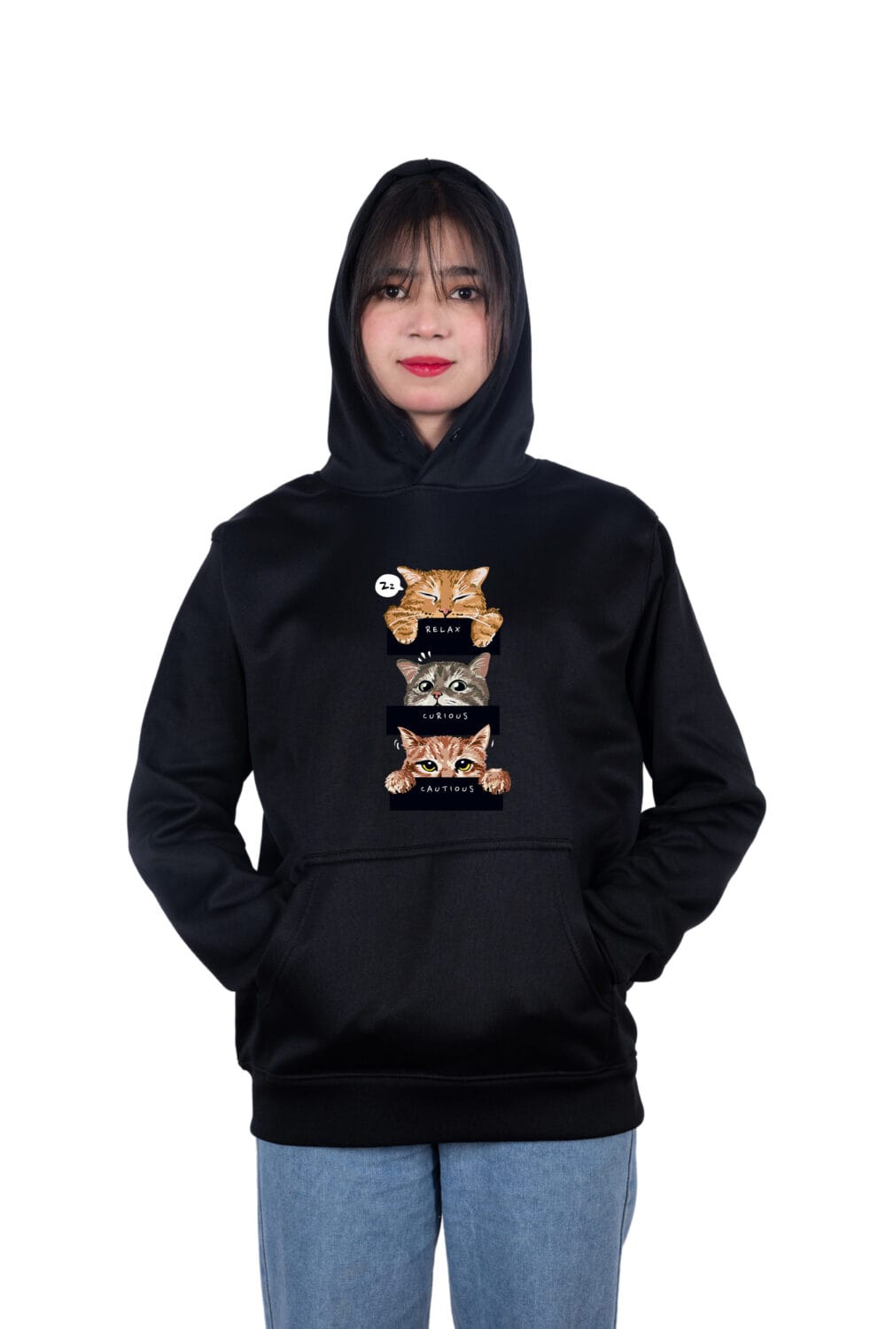 Three Cats - Relax, Curious, Cautious Printed Hoodie - Image 3