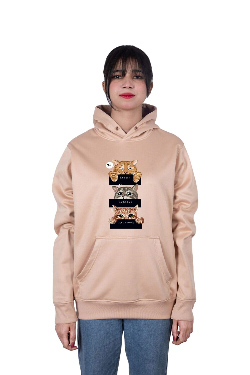 Three Cats - Relax, Curious, Cautious Printed Hoodie - Image 2